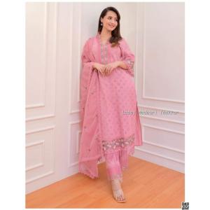 Embroidered Cotton Kameez Set - Pastel Red